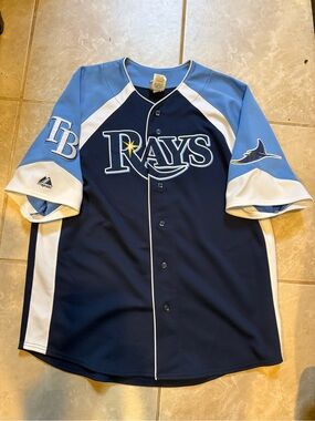 Majestic Tampa Bay Rays Navy and Light Blue Button-Up Jersey